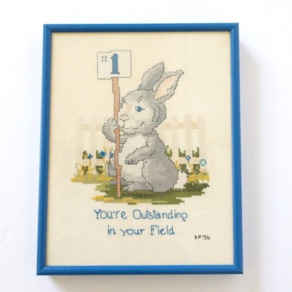 Framed You're Outstanding in your Field Cross Stitch Bunny 8 x 10